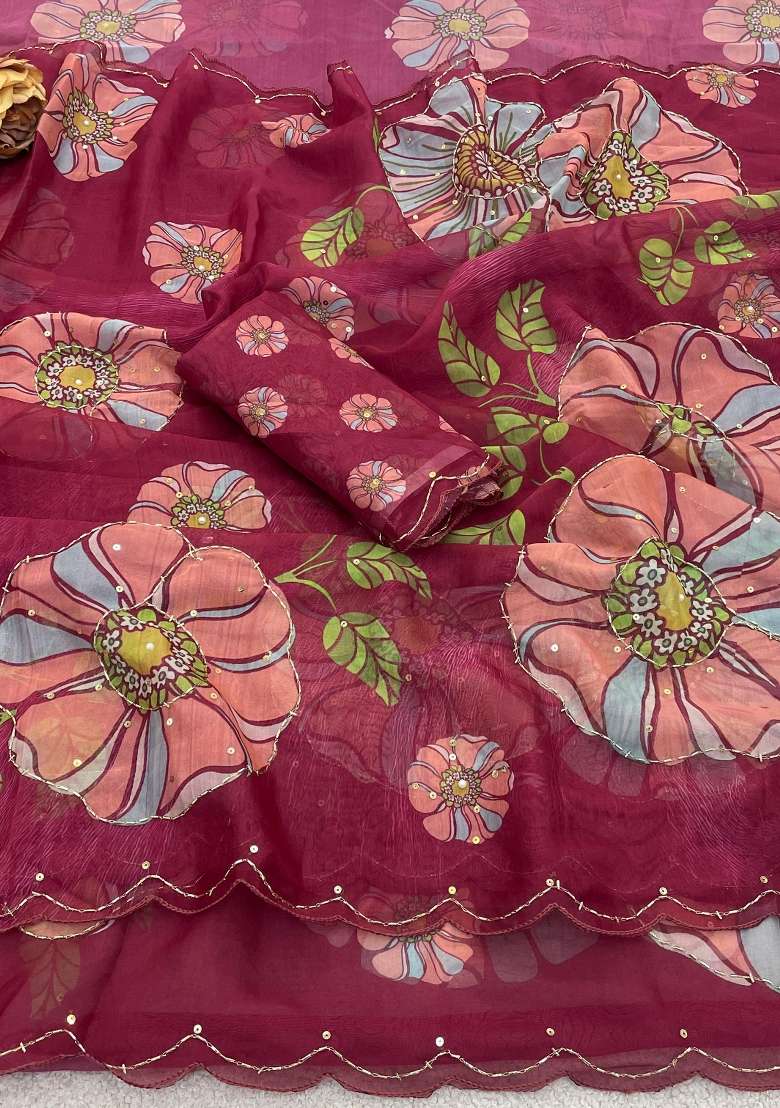 Pink Sequin Work Organza Saree Set for Diwali and Festive Wear - Indya