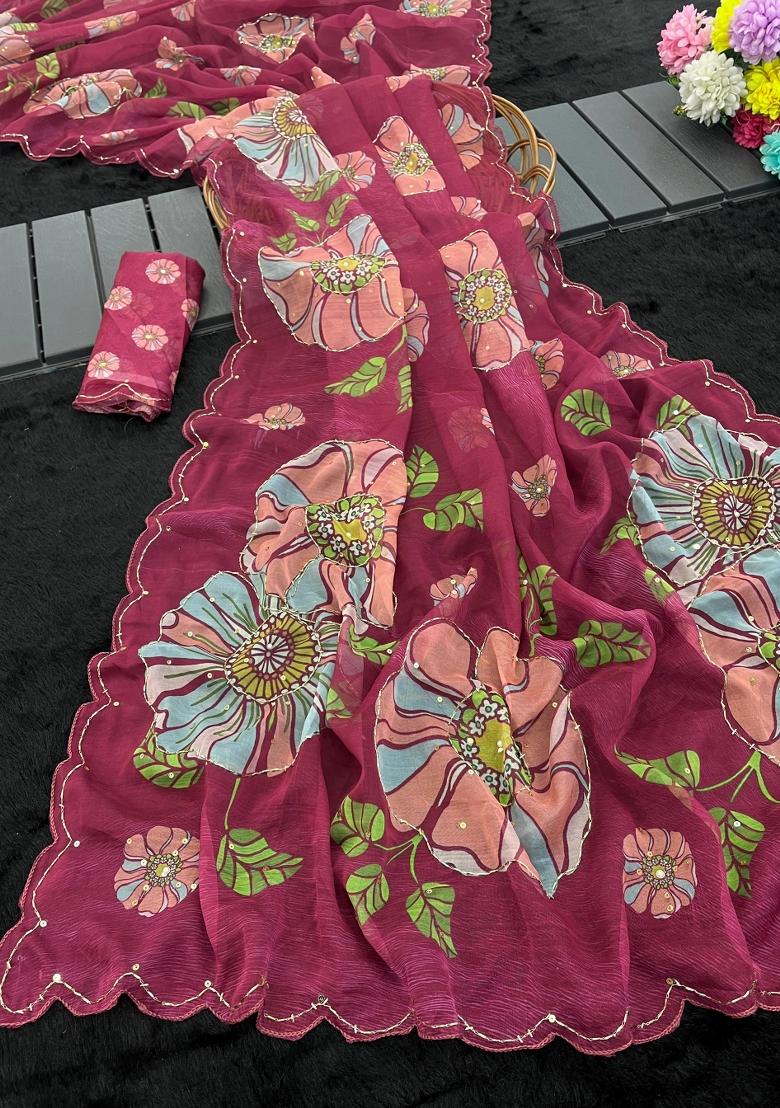 Pink Sequin Work Organza Saree Set - Indya