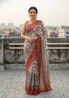 Multicolor Printed Silk Saree Set