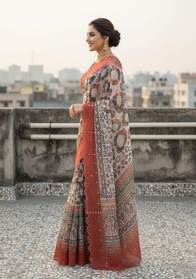 Multicolor Printed Silk Saree Set - Indya