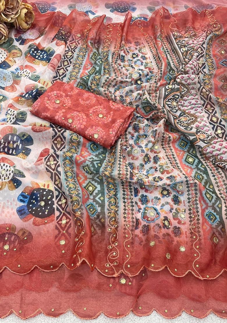 Multicolor Printed Silk Saree Set - Indya