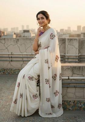 White Embroidered Pashmina Saree Set