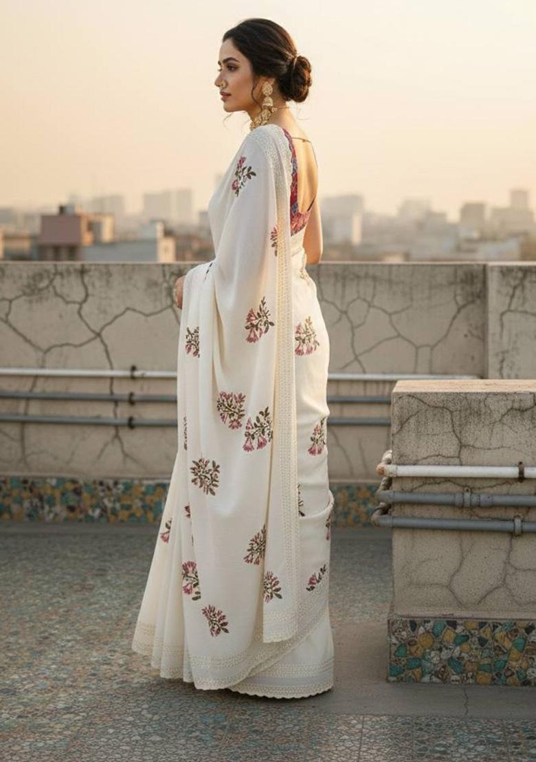 White Embroidered Pashmina Saree Set - Indya