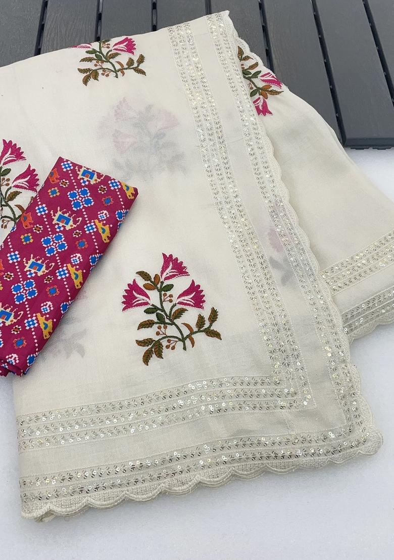 White Embroidered Pashmina Saree Set - Indya