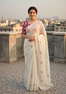 White Embroidered Pashmina Saree Set