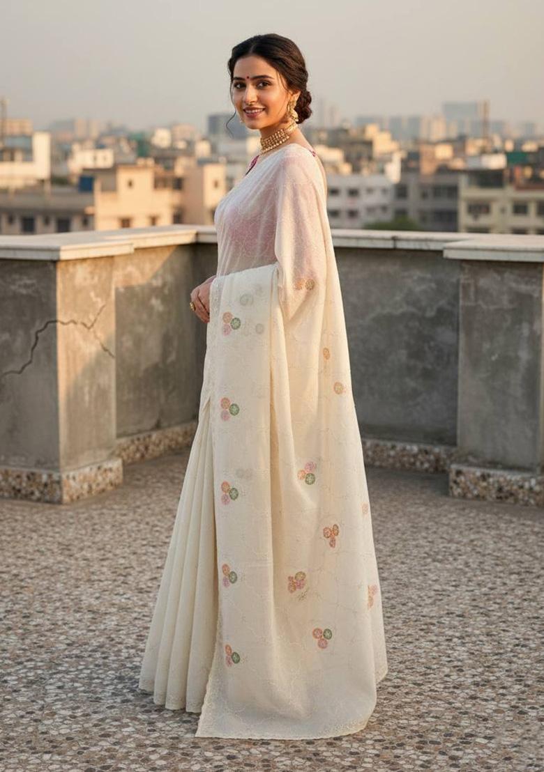 White Embroidered Pashmina Saree Set - Indya