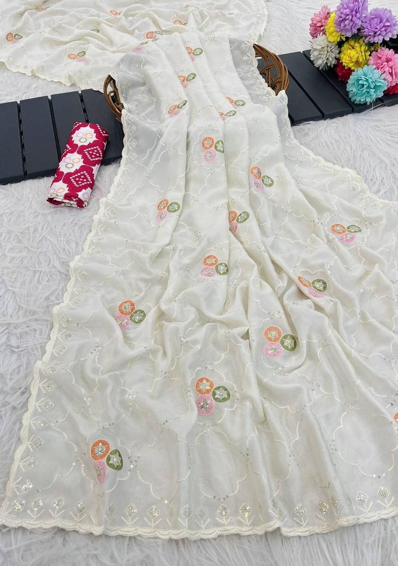 White Embroidered Pashmina Saree Set - Indya