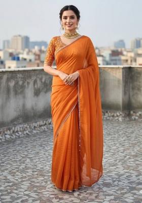 Orange Mirror Work Satin Saree Set