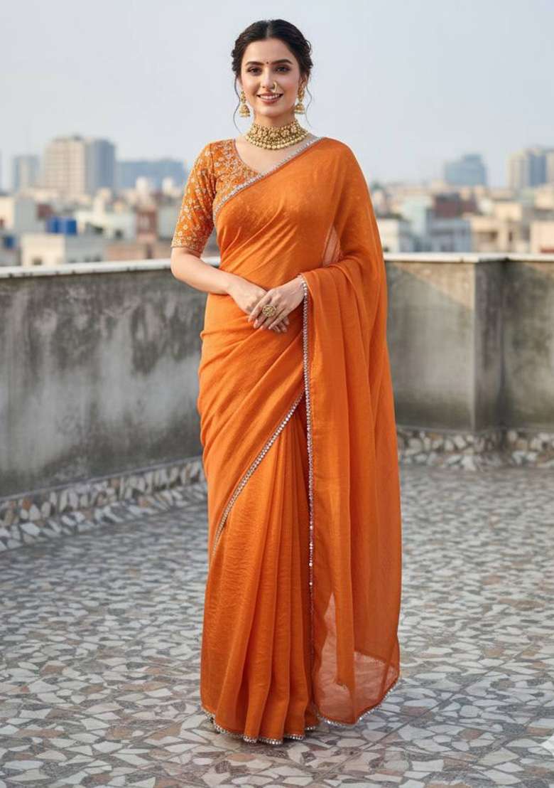 Orange Mirror Work Satin Saree Set for Diwali and Festive Wear - Indya