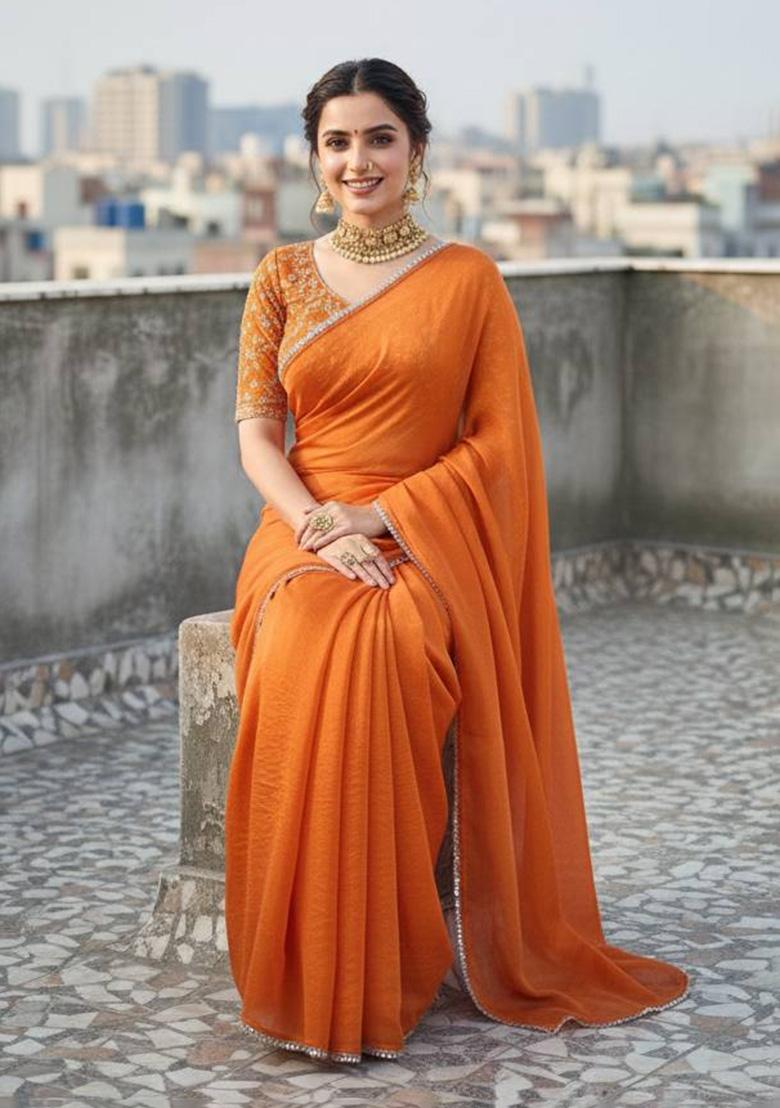 Orange Mirror Work Satin Saree Set - Indya