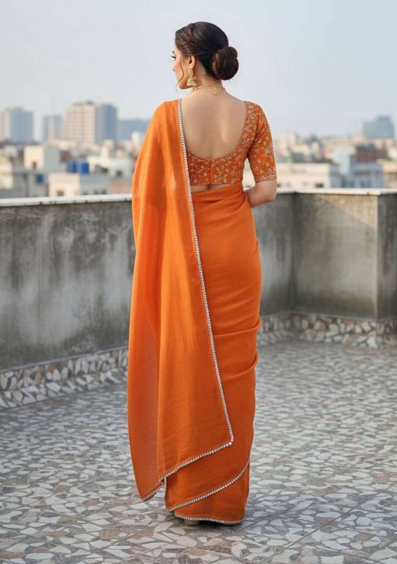 Orange Mirror Work Satin Saree Set for Diwali and Festive Wear - Indya