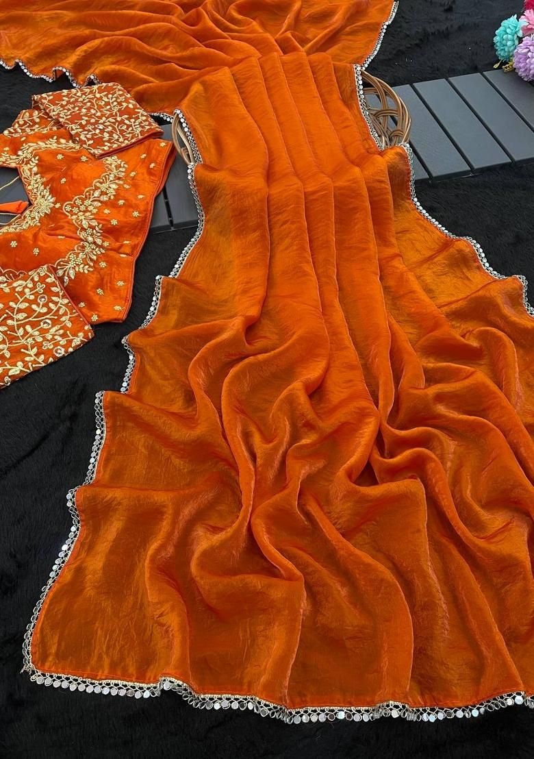 Orange Mirror Work Satin Saree Set - Indya