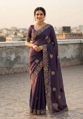 Purple Sequin Work Silk Saree Set