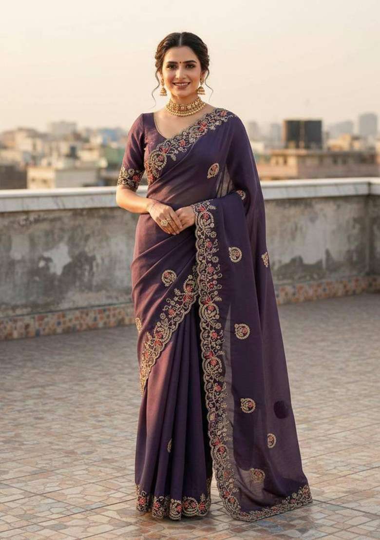 Purple Sequin Work Silk Saree Set for Diwali and Festive Wear - Indya