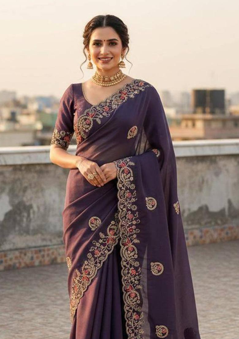 Purple Sequin Work Silk Saree Set - Indya