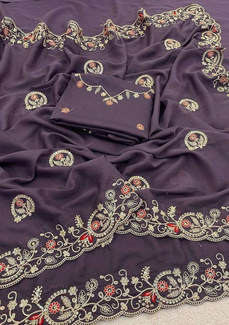 Purple Sequin Work Silk Saree Set for Diwali and Festive Wear - Indya