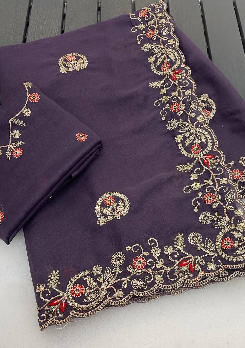 Purple Sequin Work Silk Saree Set - Indya