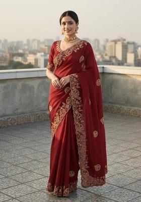 Red Sequin Work Silk Saree Set