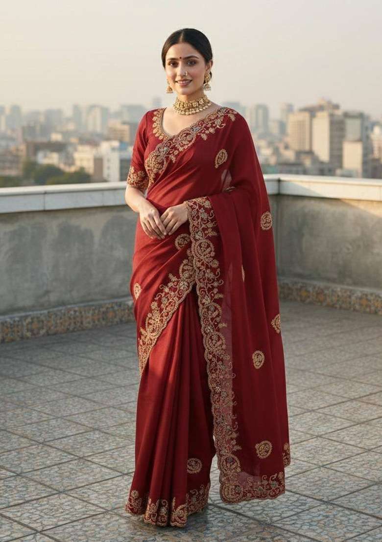 Red Work Silk Saree Set with Sequin for Diwali | Wedding & Festive Wear - Indya