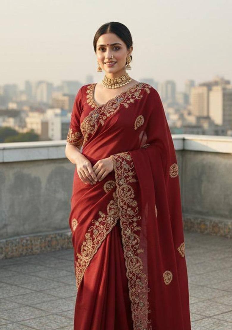 Red Sequin Work Silk Saree Set - Indya