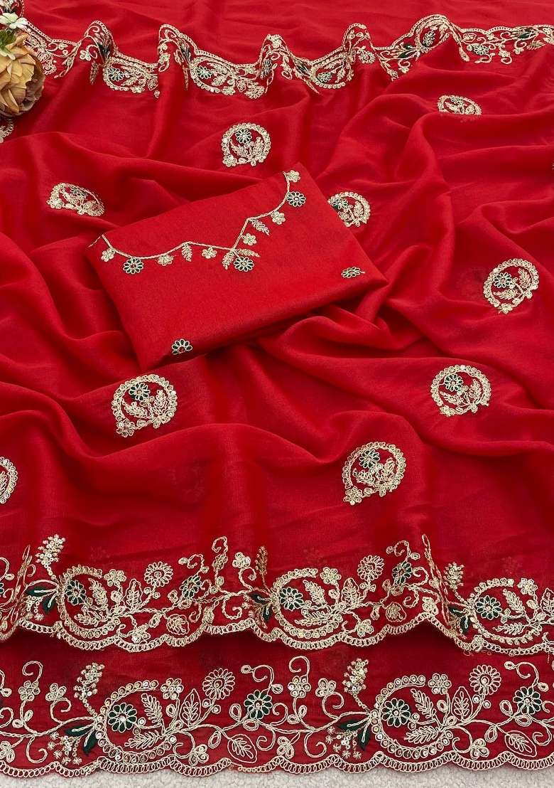 Red Work Silk Saree Set with Sequin for Diwali | Wedding & Festive Wear - Indya
