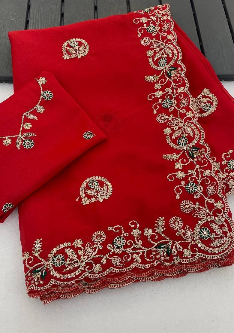Red Sequin Work Silk Saree Set - Indya