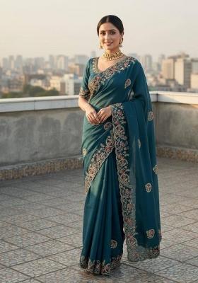 Blue Sequin Work Silk Saree Set