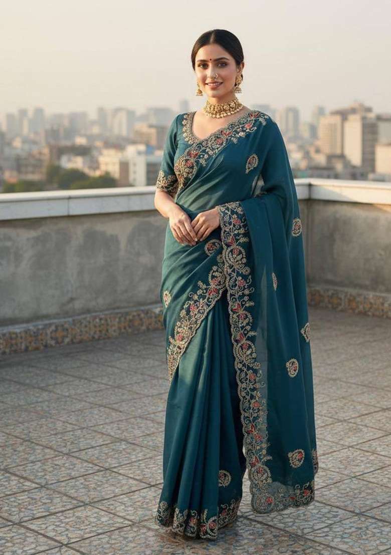 Blue Work Silk Saree Set with Sequin for Diwali | Wedding & Festive Wear - Indya