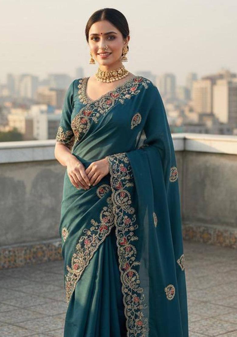 Blue Sequin Work Silk Saree Set - Indya