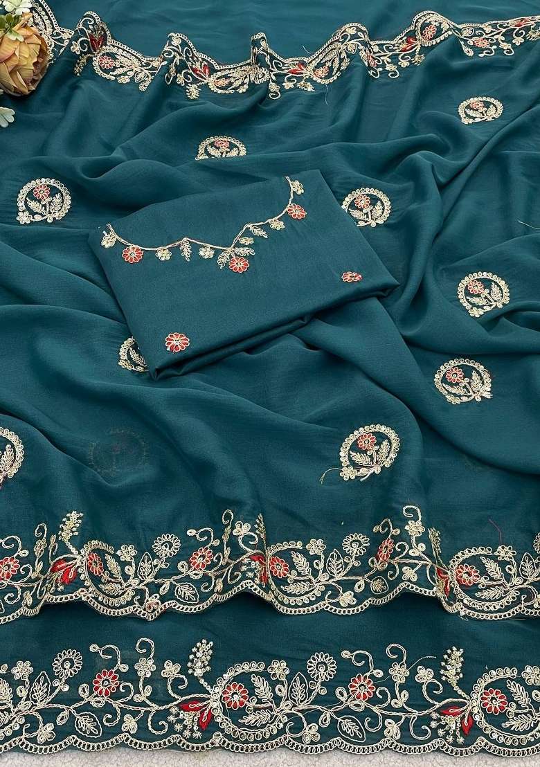 Blue Work Silk Saree Set with Sequin for Diwali | Wedding & Festive Wear - Indya