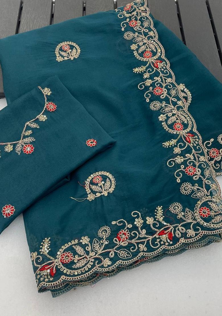 Blue Sequin Work Silk Saree Set - Indya