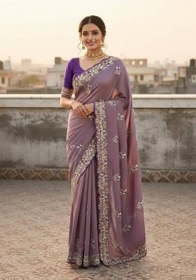 Purple Sequin Work Silk Saree Set