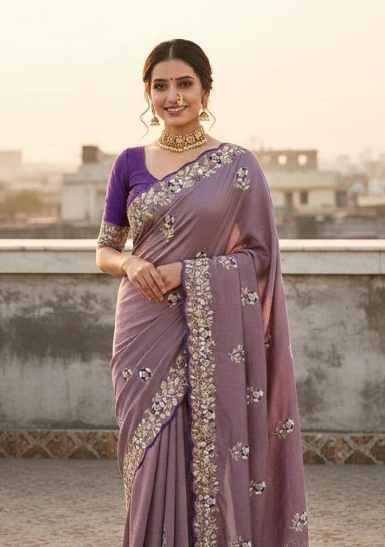 Purple Sequin Work Silk Saree Set - Indya