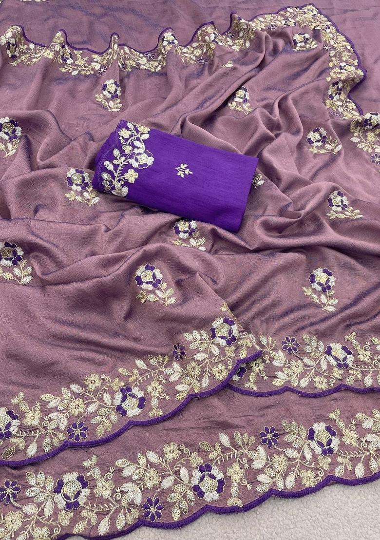 Purple Sequin Work Silk Saree Set - Indya