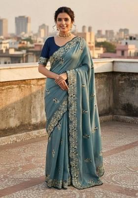 Blue Sequin Work Silk Saree Set