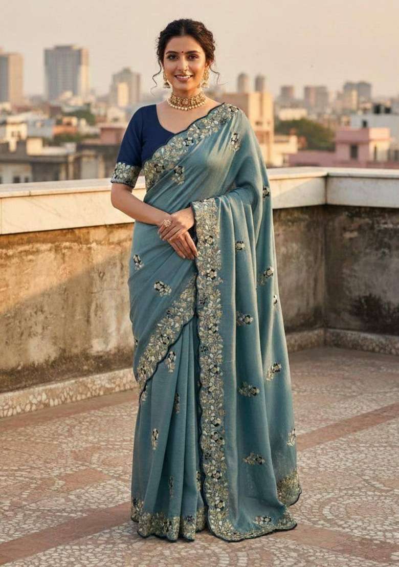 Blue Work Silk Saree Set with Sequin for Diwali | Wedding & Festive Wear - Indya