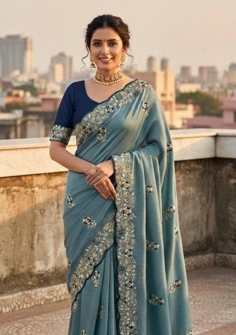 Blue Sequin Work Silk Saree Set - Indya