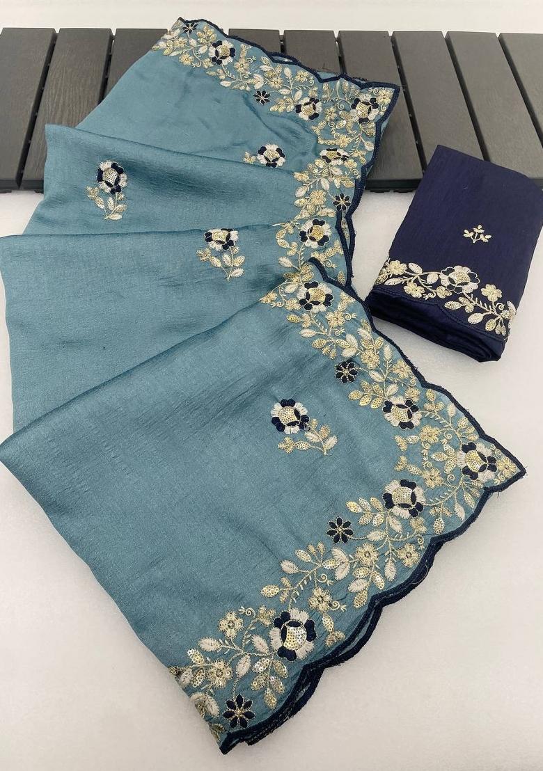 Blue Sequin Work Silk Saree Set - Indya