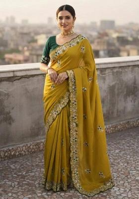Yellow Sequin Work Silk Saree Set