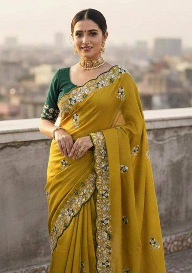 Yellow Sequin Work Silk Saree Set - Indya