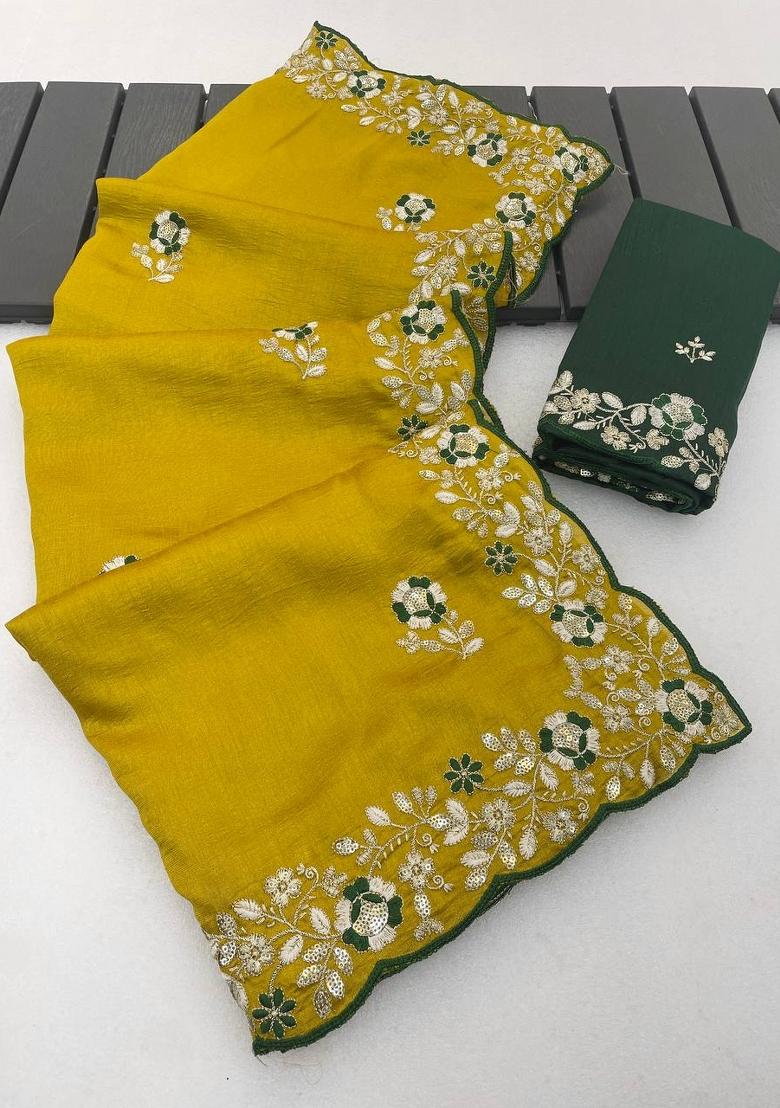 Yellow Sequin Work Silk Saree Set - Indya