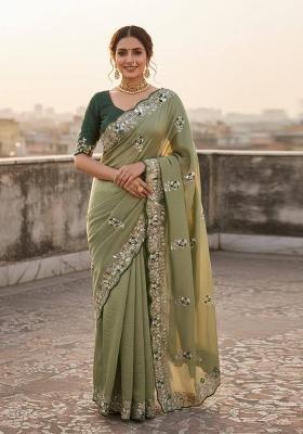 Green Sequin Work Silk Saree Set