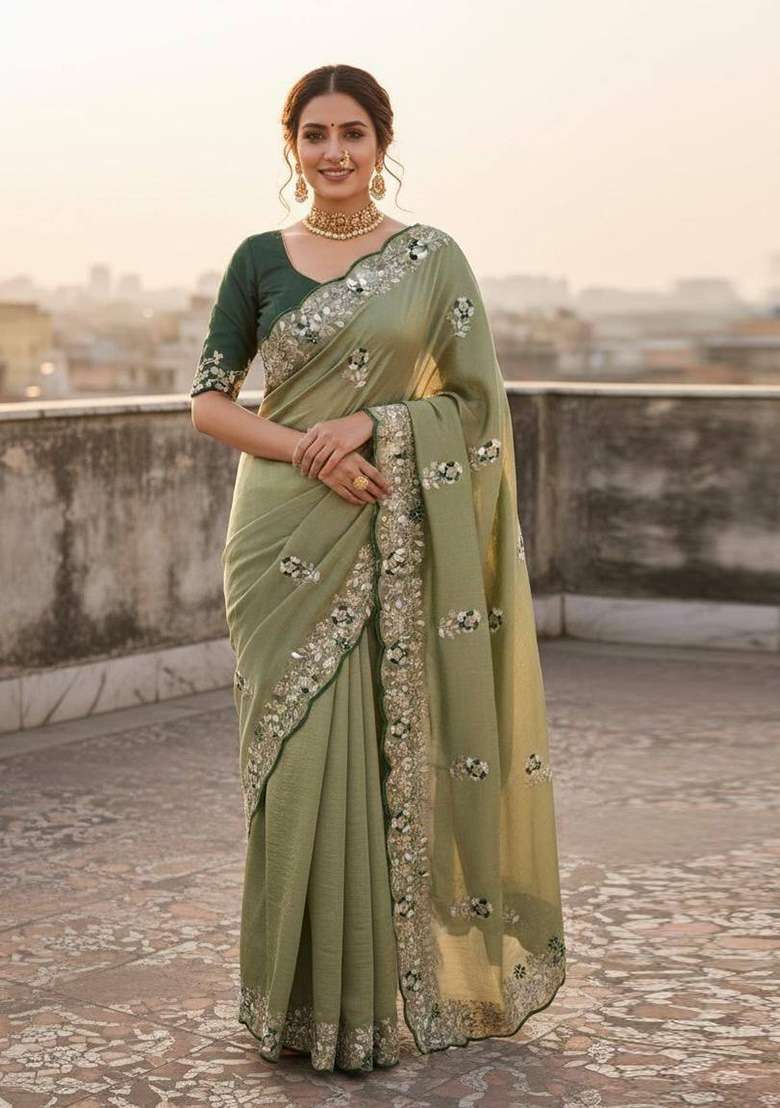 Green Sequin Work Silk Saree Set for Diwali and Festive Wear - Indya