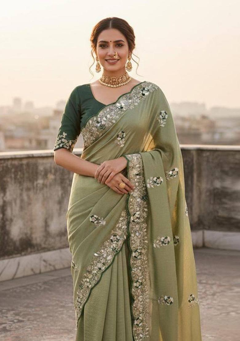 Green Sequin Work Silk Saree Set - Indya