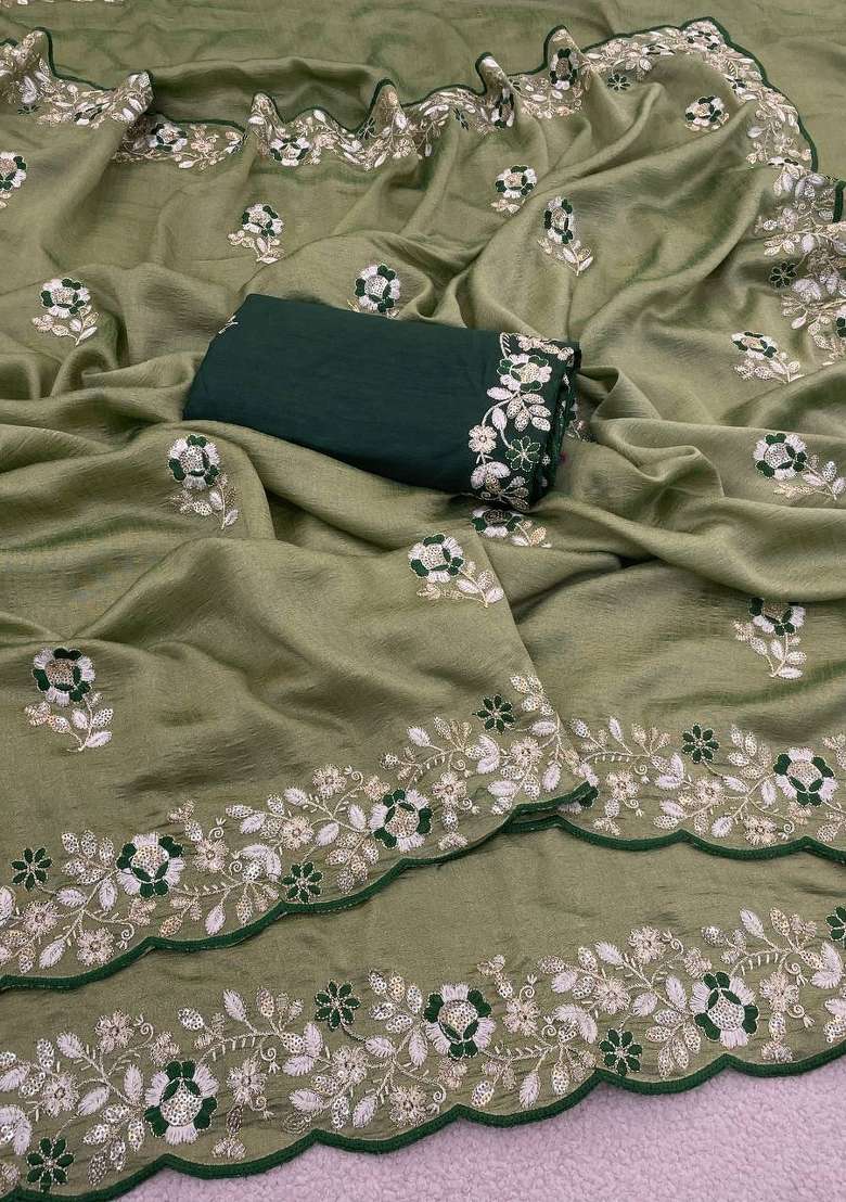 Green Sequin Work Silk Saree Set for Diwali and Festive Wear - Indya