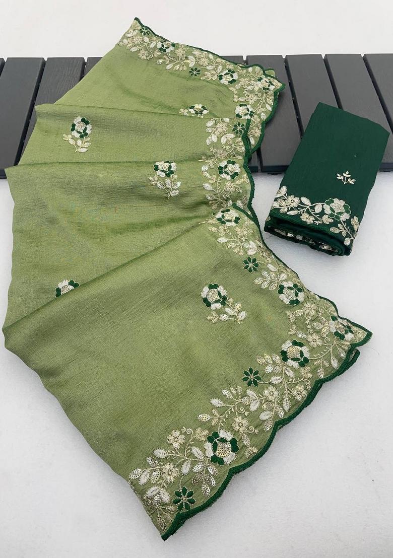 Green Sequin Work Silk Saree Set - Indya