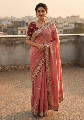 Pink Sequin Work Silk Saree Set