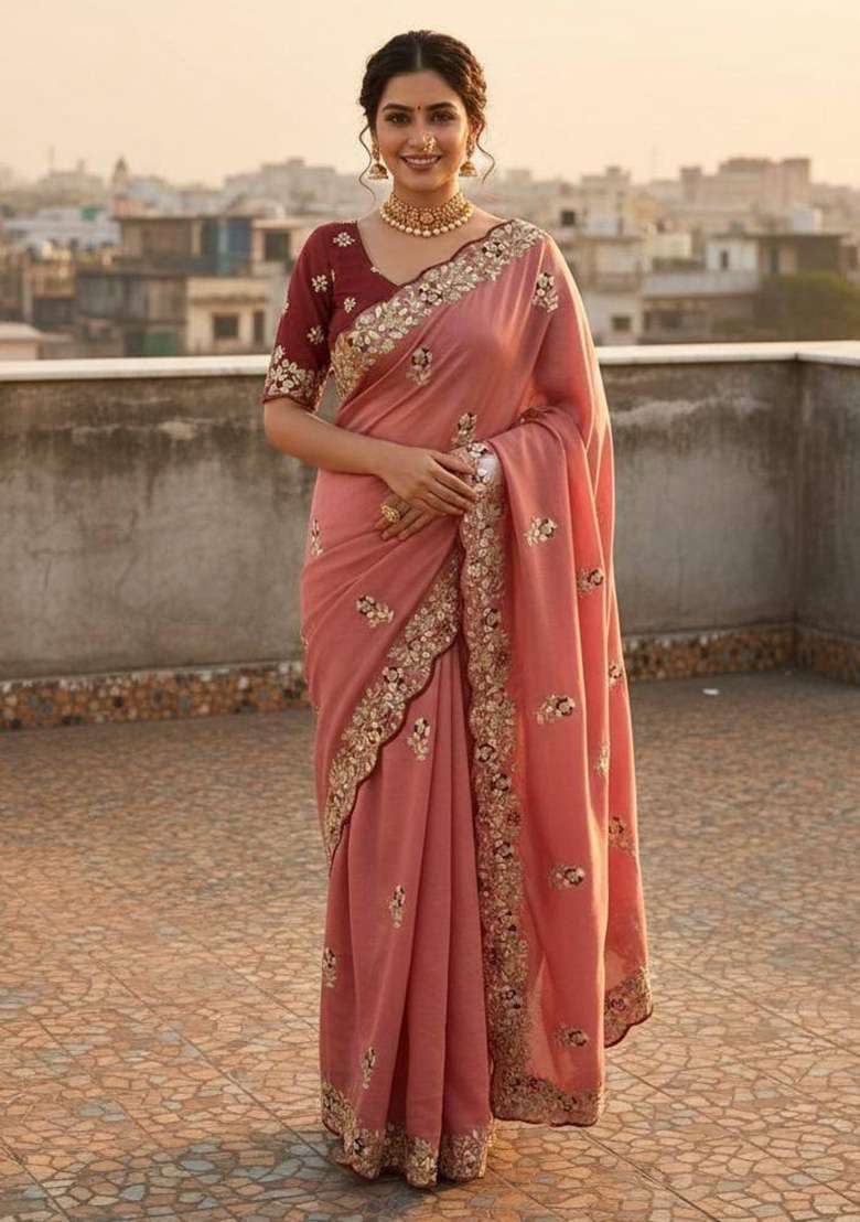 Pink Work Silk Saree Set with Sequin for Diwali | Wedding & Festive Wear - Indya