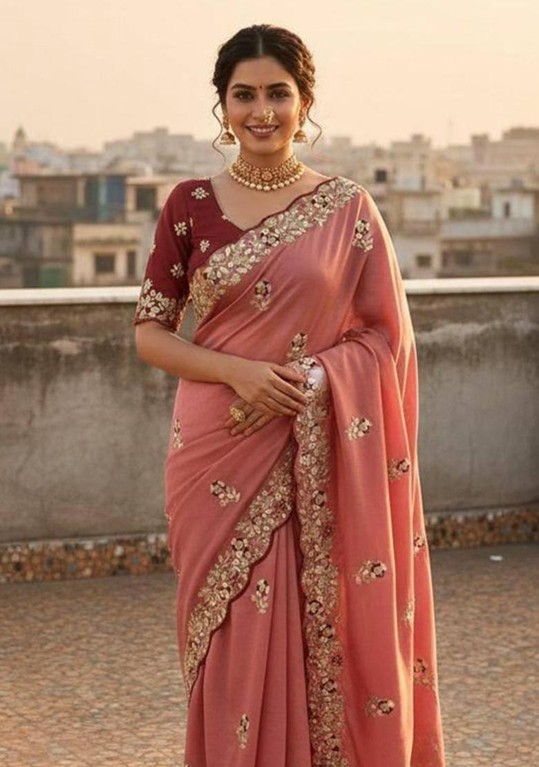 Pink Sequin Work Silk Saree Set - Indya