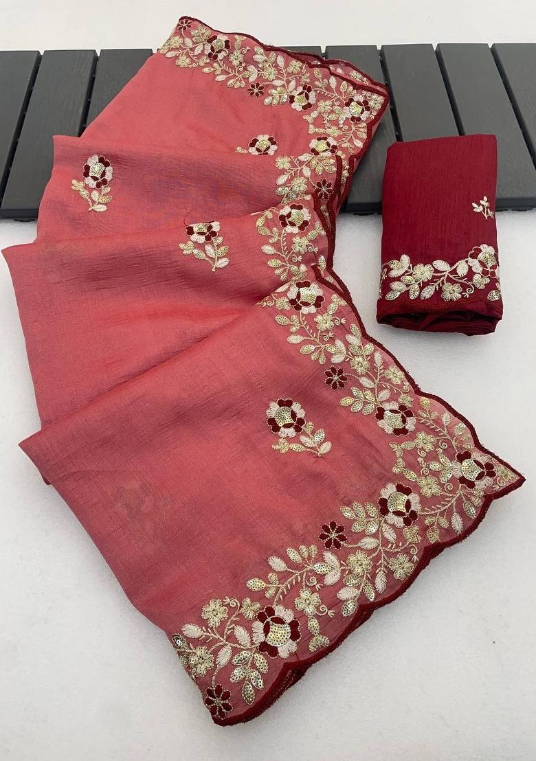Pink Sequin Work Silk Saree Set - Indya